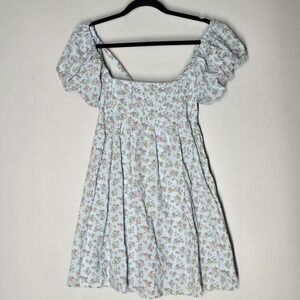 Bebop Baby Blue Floral Puff Sleeve Babydoll  Mini Dress XS Cottagecore